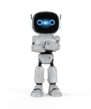 Çizgi film karakteri çapraz kollu sevimli ve küçük yapay zeka asistanı robot.