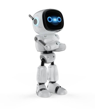 3d rendering cute and small artificial intelligence assistant robot with cartoon character crossed arms