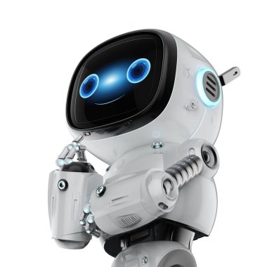3d rendering cute and small artificial intelligence assistant robot with cartoon character thinking or analyzing