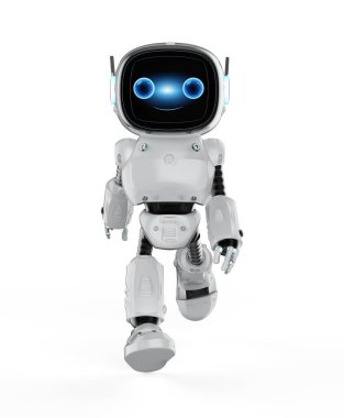 3D görüntüleme şirin ve küçük yapay zeka asistan robot beyaz arka planda yürüyen çizgi film karakteri ile