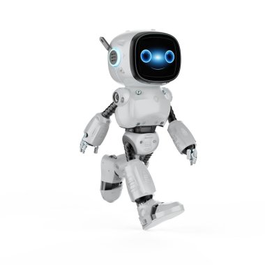 3D görüntüleme şirin ve küçük yapay zeka asistan robot beyaz arka planda yürüyen çizgi film karakteri ile