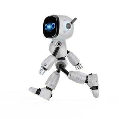 3d rendering cute and small artificial intelligence assistant robot with cartoon character walking or moving