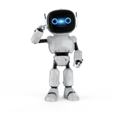 Çizgi film karakteri düşünen ya da analiz eden sevimli ve küçük yapay zeka asistanı robot.