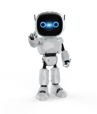 Beyaz arkaplanda çizgi film karakteri parmak izi olan sevimli ve küçük yapay zeka asistanı robot.