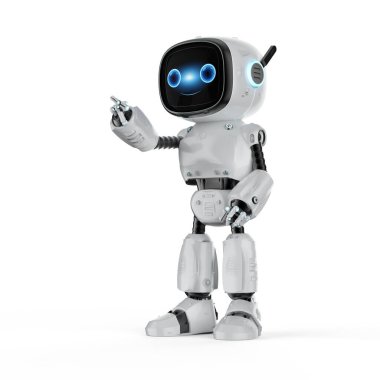 3d rendering cute and small artificial intelligence assistant robot with cartoon character finger point on white background