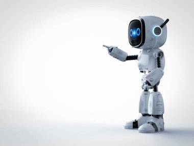 Beyaz arkaplanda çizgi film karakteri parmak izi olan sevimli ve küçük yapay zeka asistanı robot.