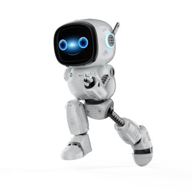 Beyaz arka planda çalışan çizgi film karakterli sevimli ve küçük yapay zeka asistanı robot.