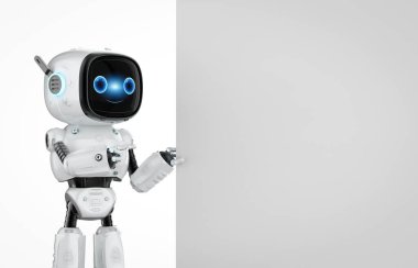3D görüntüleme şirin ve küçük yapay zeka asistanı robot beyaz boşluklu çizgi film karakteri