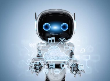 3 boyutlu sevimli robot ve grafik görüntülü bulut hesaplama teknolojisi kavramı