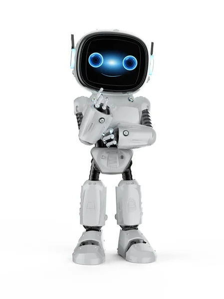 Rendering Cute Small Artificial Intelligence Assistant Robot Cartoon Character Thinking — 스톡 사진