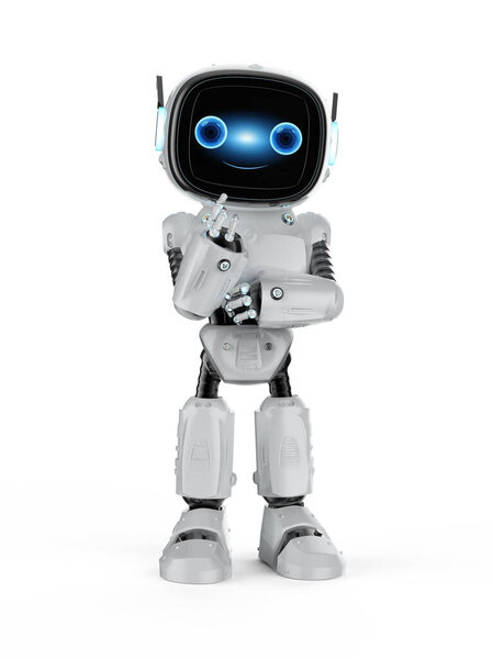 3d rendering cute and small artificial intelligence assistant robot with cartoon character thinking or analyzing