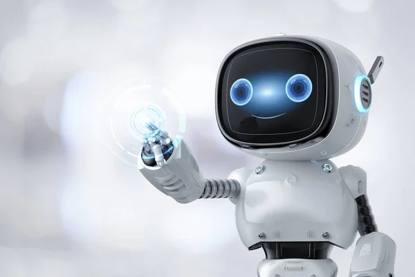 Rendering Cute Small Artificial Intelligence Assistant Robot Cartoon Character Work — Stockfoto