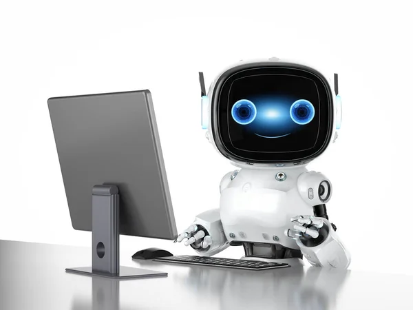 Automation Office Worker Concept Rendering Cute Robot Work Computer — 스톡 사진