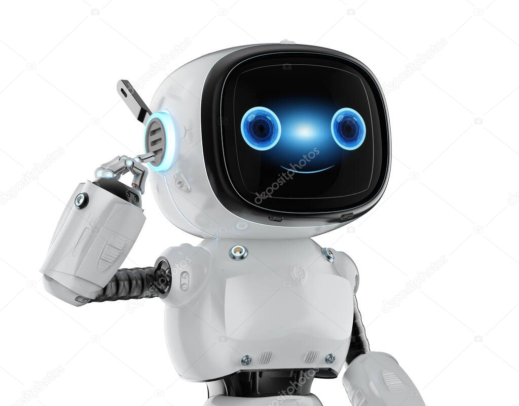 3d rendering cute and small artificial intelligence assistant robot with cartoon character thinking or analyzing