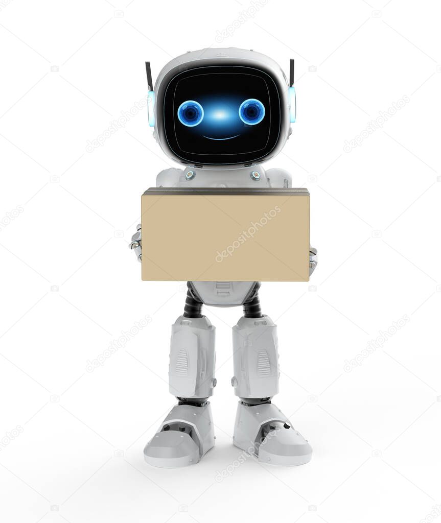 Automatic warehouse concept with 3d rendering cute and small automation robot hold cardboard box