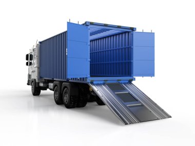 3d rendering logistic trailer truck or lorry with container open  on white background