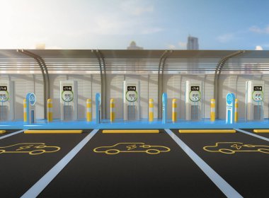 3d rendering group of EV charging stations or electric vehicle recharging stations with parking lots