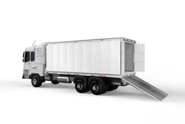 Rendering Logistic Van Trailer Truck Lorry Container Opened White Background — Fotografia de Stock