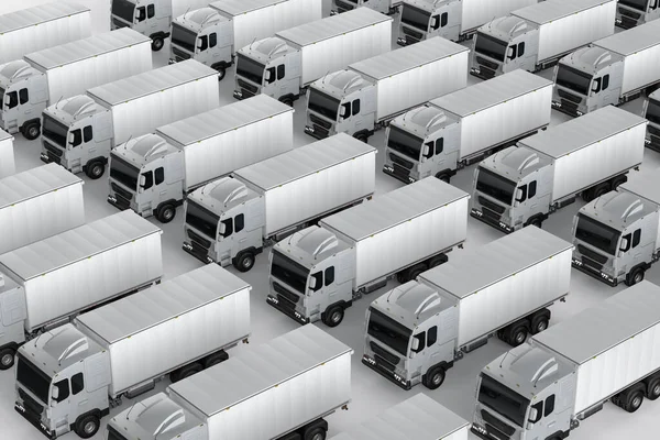 3d rendering isometric group of logistic trailer trucks or lorries terminal on white background