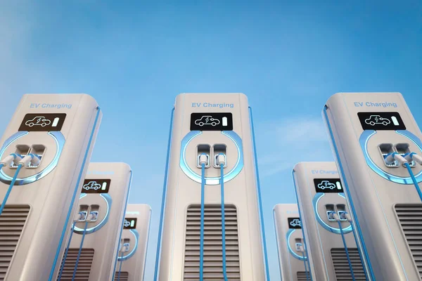 Rendering Group Charging Stations Electric Vehicle Recharging Stations Blue Sky — Stockfoto