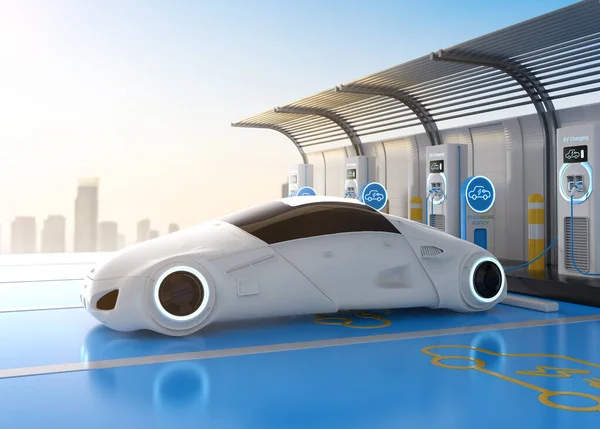 3d rendering driverless car or autonomous car plug in with ev charging station