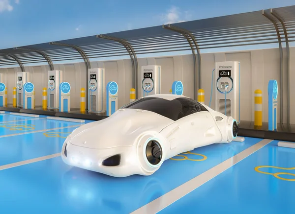 3d rendering driverless car or autonomous car plug in with ev charging station