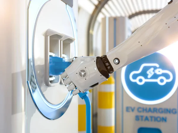 Concetto Stazione Ricarica Elettrica Automatica Con Caricabatterie Portatile Robot Rendering — Foto Stock