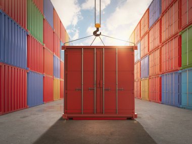 3d rendering container with hook at container port or terminal