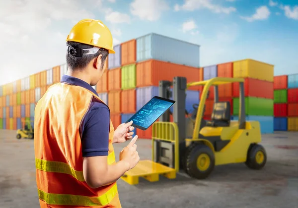 Engineer Asian Worker Work Tablet Container Terminal — Fotografia de Stock