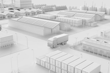 3d rendering white logistic trailer truck or lorry model in industrial estate for smart logistic or white industrial 