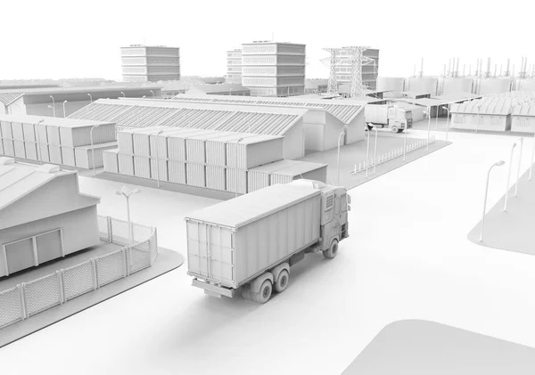 3d rendering white logistic trailer truck or lorry model in industrial estate for smart logistic or white industrial