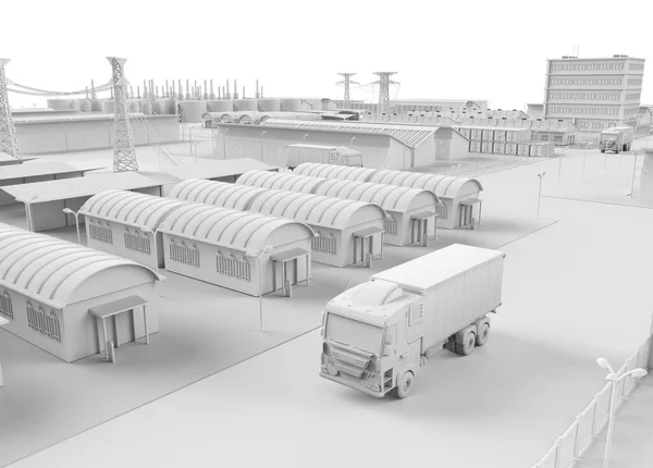 3d rendering white logistic trailer truck or lorry model in industrial estate for smart logistic or white industrial