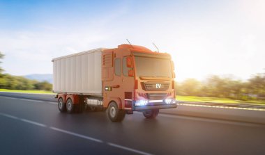 3d rendering ev logistic van trailer truck or lorry on highway