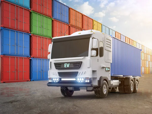 3d rendering ev logistic trailer truck or electric vehicle lorry at container terminal