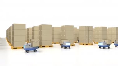 3D dağıtım robotlarıyla otomasyon deposu konsepti 4k kutu taşımaktadır.