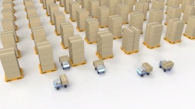 3D dağıtım robotlarıyla otomasyon deposu konsepti 4k kutu taşımaktadır.