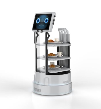 Otomasyon kafe 3D sunucu robot asistanı veya servis robotu yemek servisi sunar