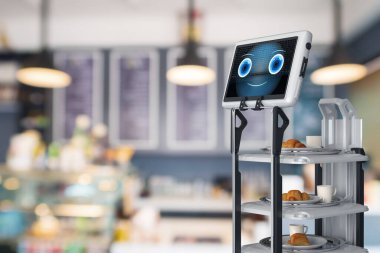 Otomasyon kafe 3D sunucu robot asistanı veya servis robotu yemek servisi sunar