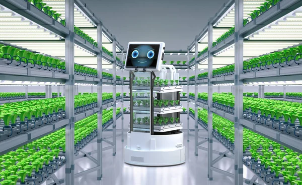 Agriculture technology with 3d rendering robot assistant in light growth indoor farm
