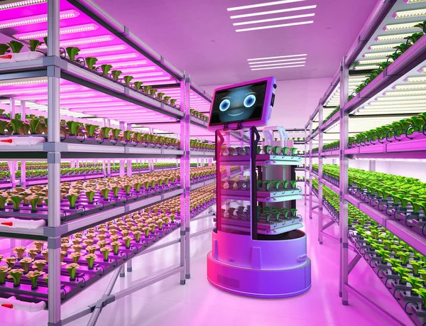 軽成長室内農場で3Dレンダリングロボットアシスタントと農業技術 — ストック写真
