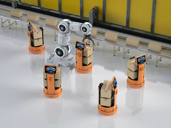 Otomasyon Fabrika Kavramı Ile Render Robot Kol Ambar Robot Konveyör — Stok fotoğraf