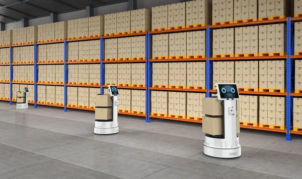 3d rendering warehouse robot or robotic assistant carry boxes