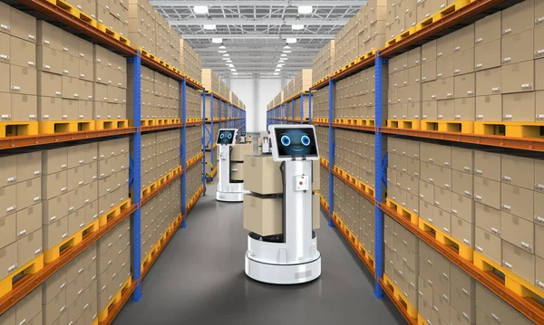 3d rendering warehouse robot or robotic assistant carry boxes