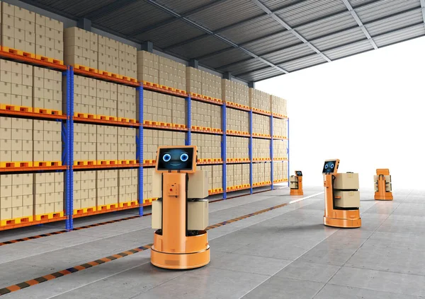 3d rendering warehouse robot or robotic assistant carry boxes