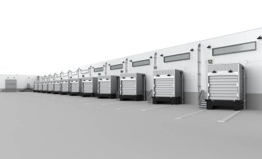 3D dış taraftaki depo, kepenk kapakları ve kamyon otoparkları.