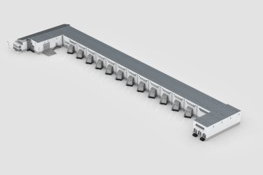 3D dış taraftaki deponun kepenk kapıları ve kamyon park yerleri izometrik.