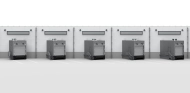 3D dış taraftaki depo, kepenk kapakları ve kamyon otoparkları.