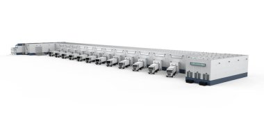 Beyaz arka plandaki depoda 3D lojistik kamyon ya da kamyonlar oluşturuluyor