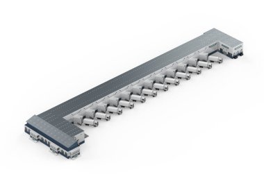 Beyaz arka plandaki depoda 3D lojistik kamyon ya da kamyonlar oluşturuluyor