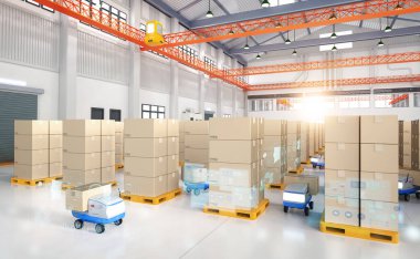 3D dağıtım robotlarının kutu taşıdığı otomasyon deposu konsepti